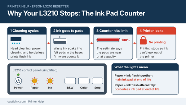 Epson L3210 resetter diagram: cleaning cycles send waste ink to the ink pads, the ink pad counter hits its limit and the printer locks, with the Paper and Ink lights flashing on the control panel