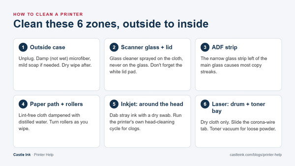 How to clean a printer: six zones from the outside case and scanner glass to the paper path, inkjet head area and laser drum bay