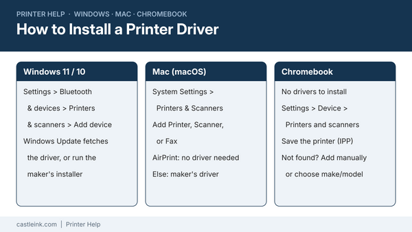 How to install a printer driver on Windows 11/10, Mac and Chromebook: the settings path for each platform