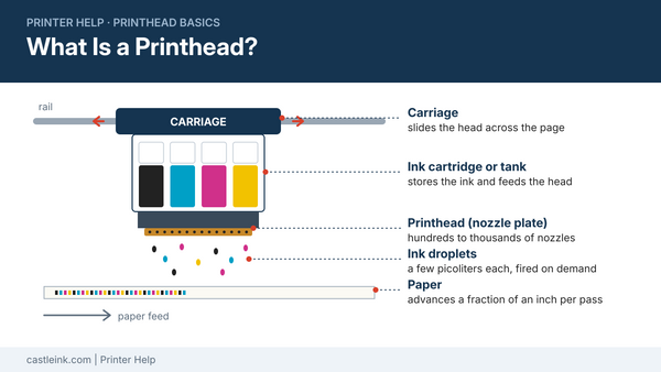 Labelled diagram of what a printhead is on a printer: carriage, ink cartridge, printhead nozzle plate and ink droplets landing on paper