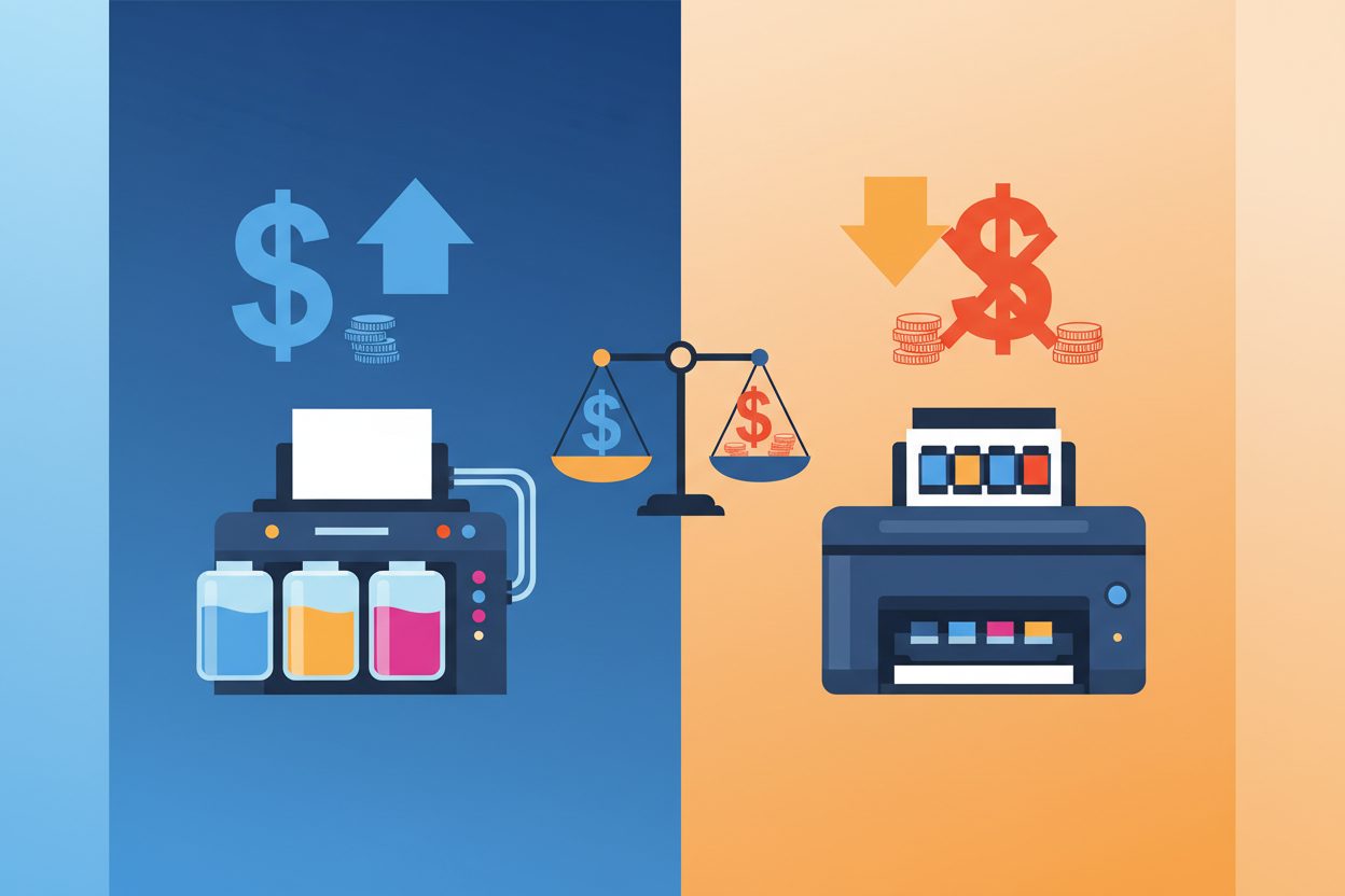 Two printers weighed against each other on a balance scale with dollar signs, illustrating printer running costs